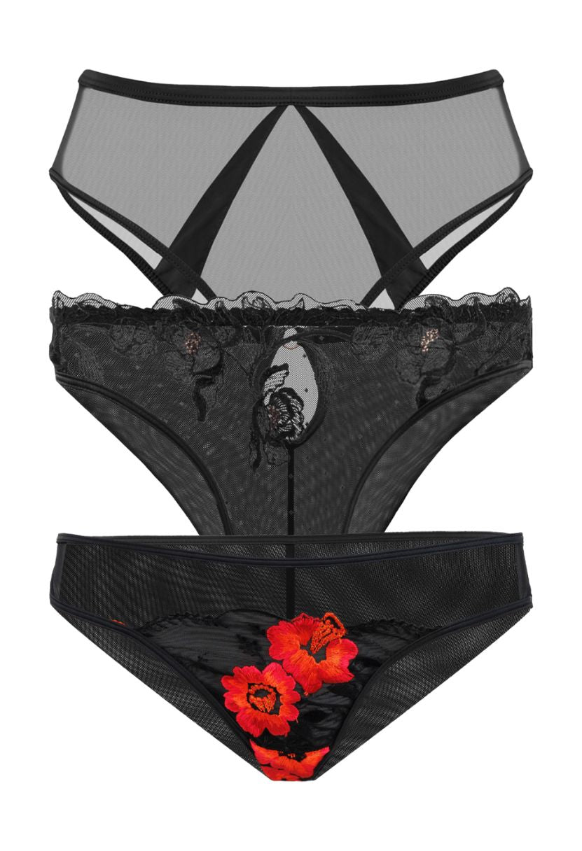 Three black panties flat lay, high-waist bikini, floral lace brief, and red-embroidered mesh brief