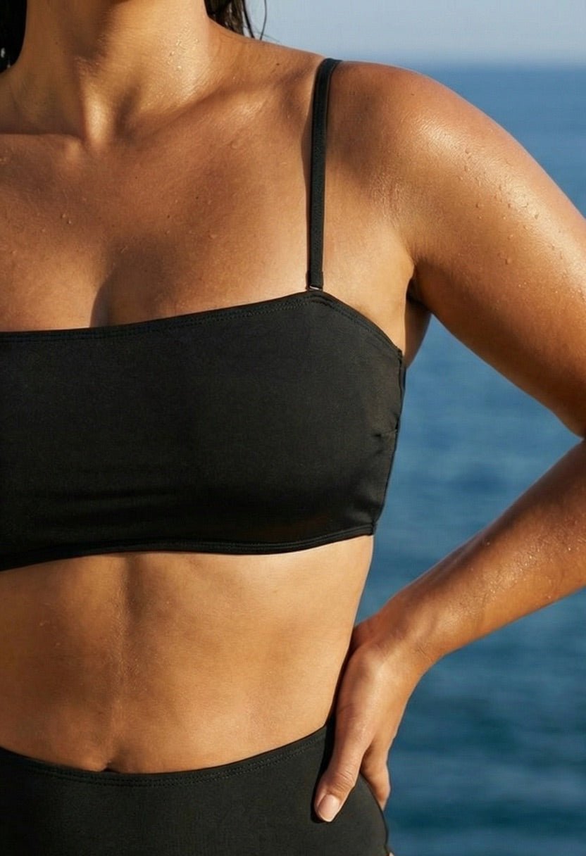 Valeria bandeau bikini top black on model, close-up front view