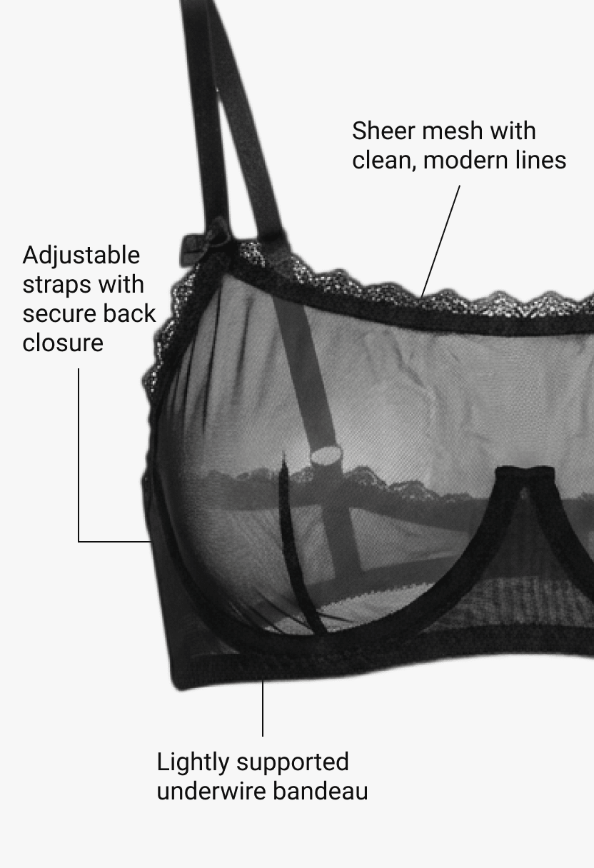 Veil black underwire bandeau with sheer mesh and lace trim