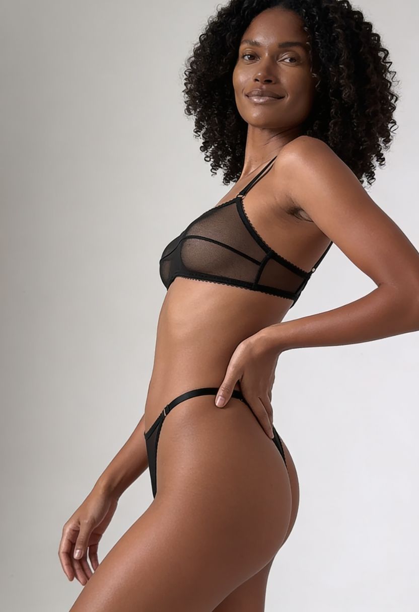 Veil black sheer mesh bra and thong on model, side view