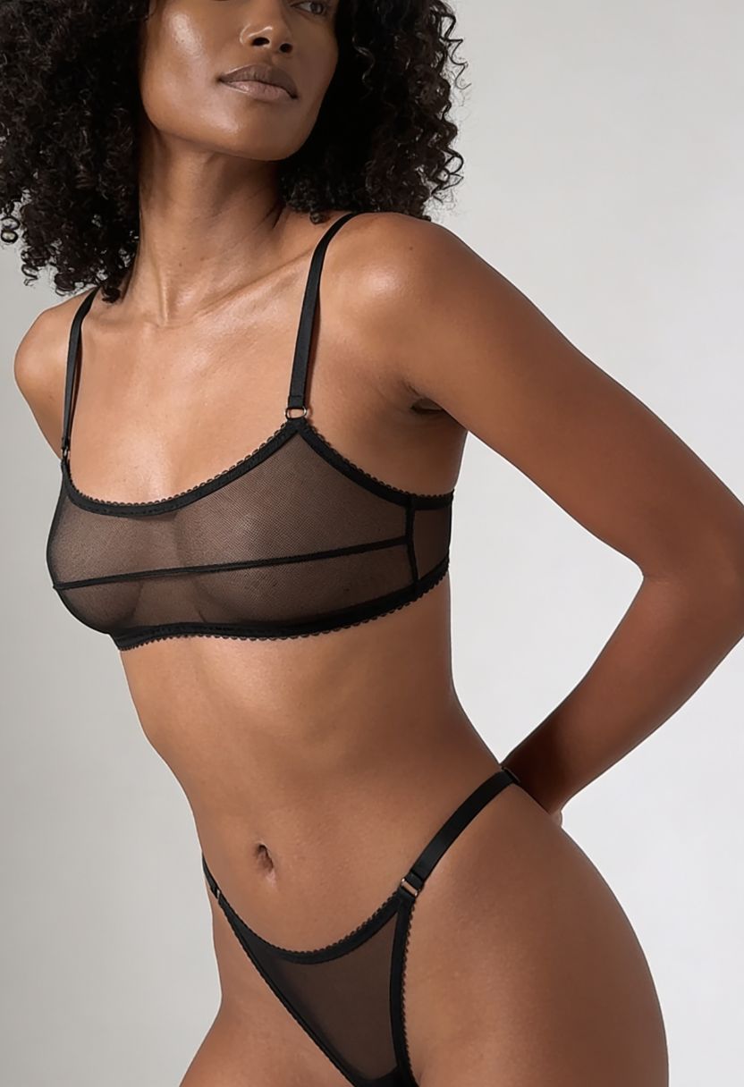 Veil black sheer mesh square bralette and bottom set on model, front view