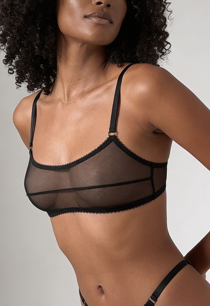 Veil black sheer mesh square bralette with metal ring detail on model, close-up