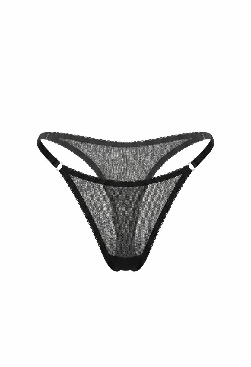 Veil V-string in black sheer mesh with lace-trimmed edge, ghost mannequin
