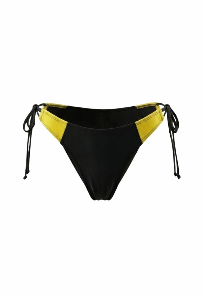 Vera tie-side cheeky bikini bottom black and yellow colorblock flat lay