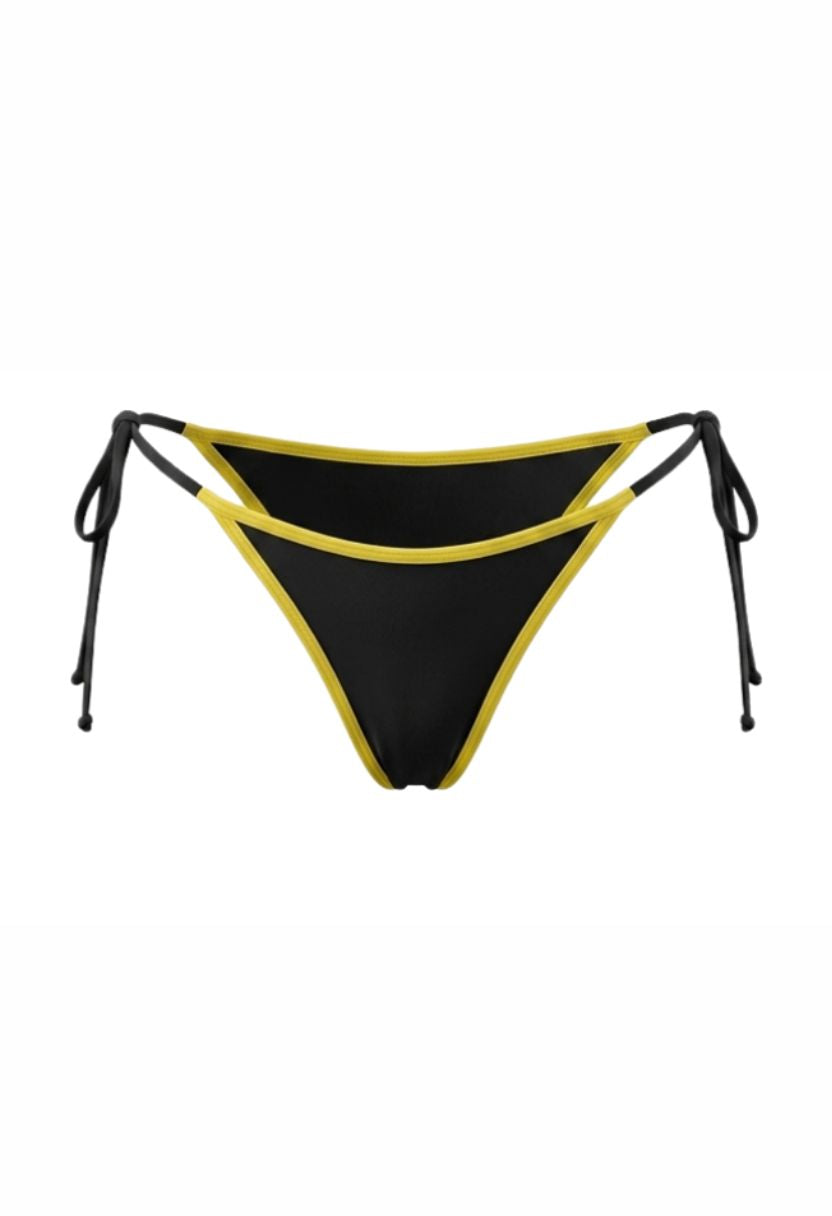 Vita black tie-side bikini bottom with yellow contrast edging, flat lay