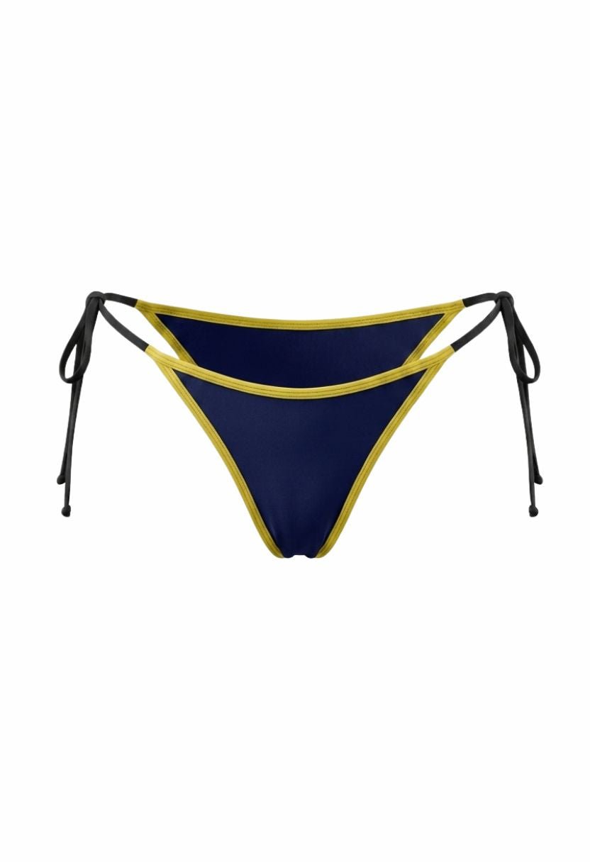Vita navy and yellow tie-side bikini bottom, flat lay