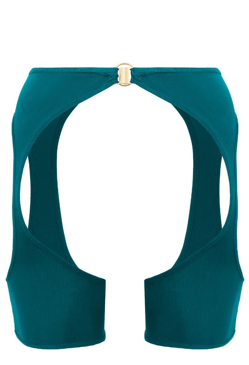 Zendaya garter belt green, ghost mannequin close-up of gold clasp