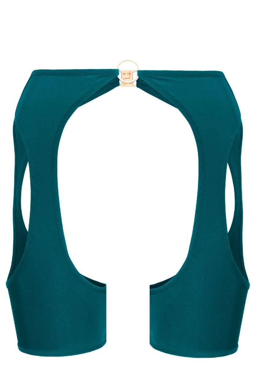 Zendaya garter belt green, ghost mannequin front view with gold ring