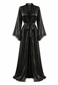 Adeline black long lace-trim satin robe with tie belt, ghost mannequin front view