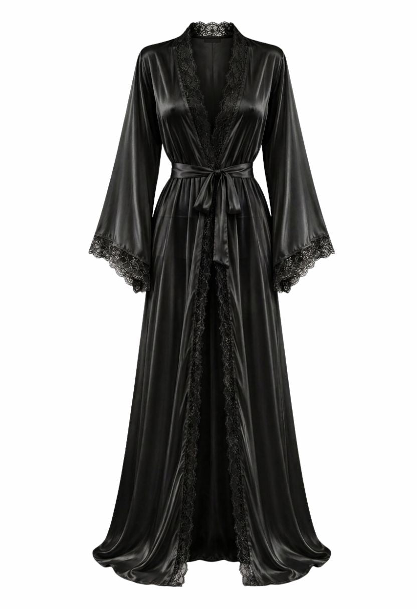 Adeline black long lace-trim satin robe with tie belt, ghost mannequin front view