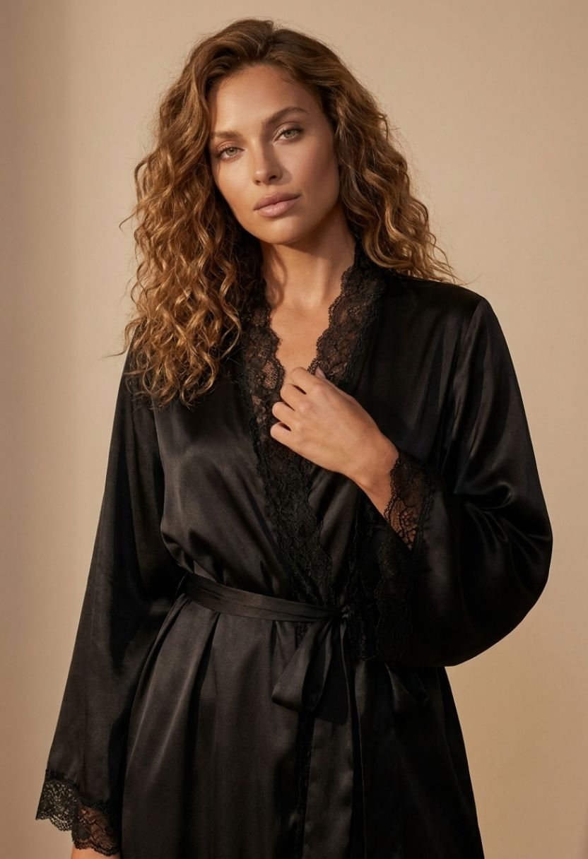 Adeline black satin robe with lace-trimmed neckline and tie belt on model, front close-up