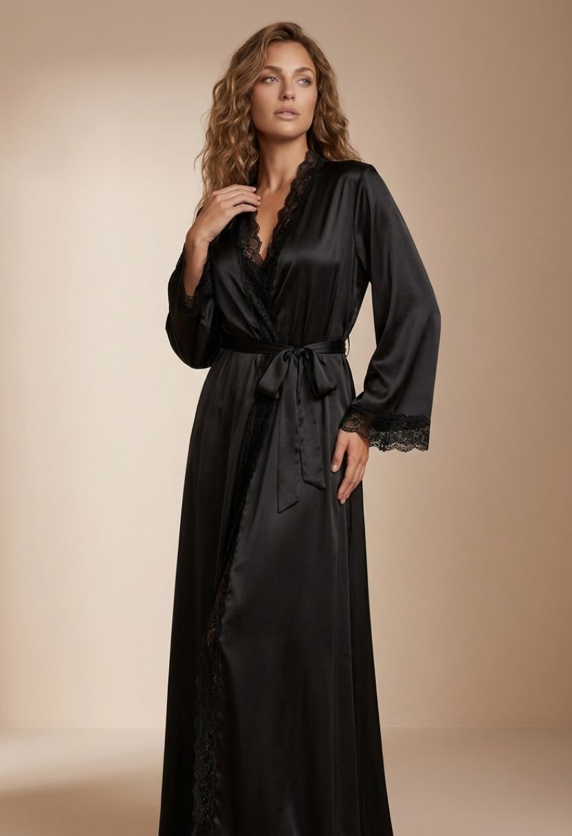 Adeline black long lace-trim satin robe on model, front view