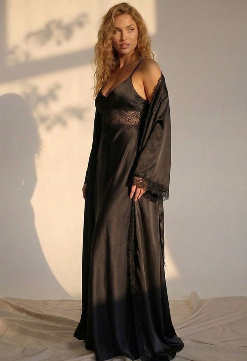 Adeline black satin robe open over Adeline lace-trim satin nightgown on model, front view
