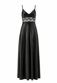 Adeline black lace-trim satin nightgown, ghost mannequin front view