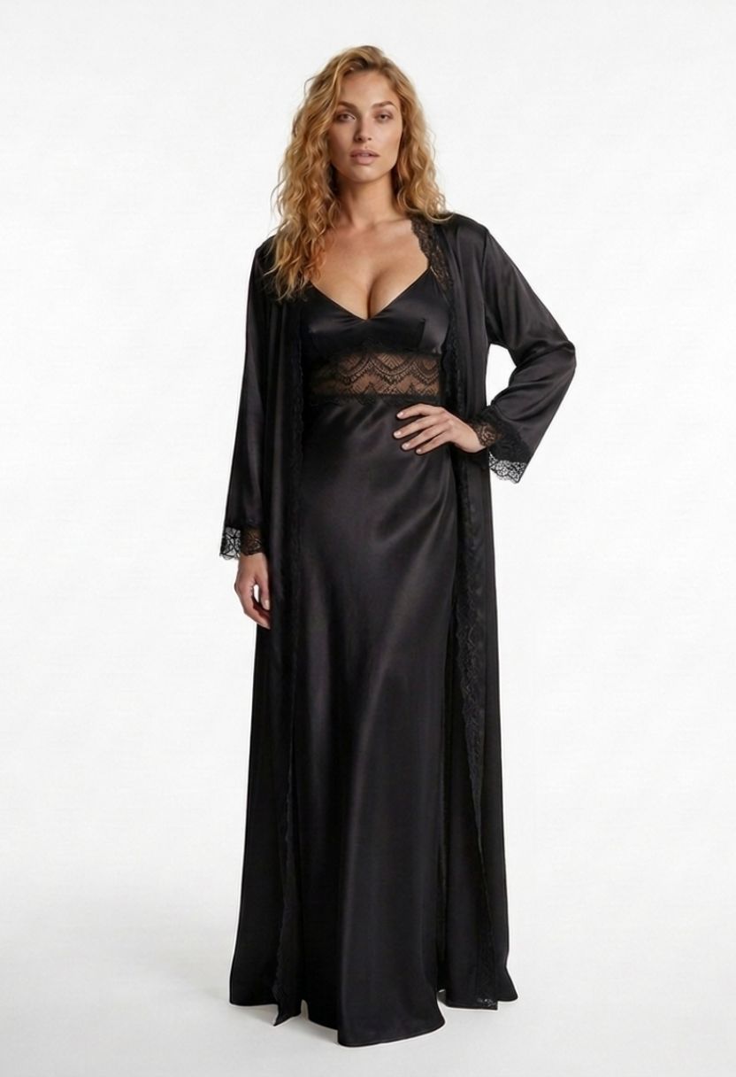 Adeline black satin robe with Adeline lace-trim nightgown on model, front view