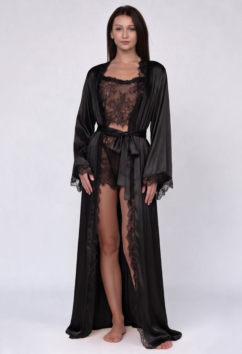 Adeline black satin robe with Chiara sheer lace pajama set on model, front view
