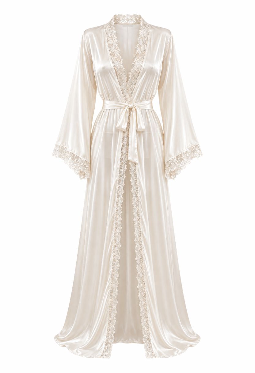 Adeline ivory long lace-trim satin robe with tie belt, ghost mannequin front view