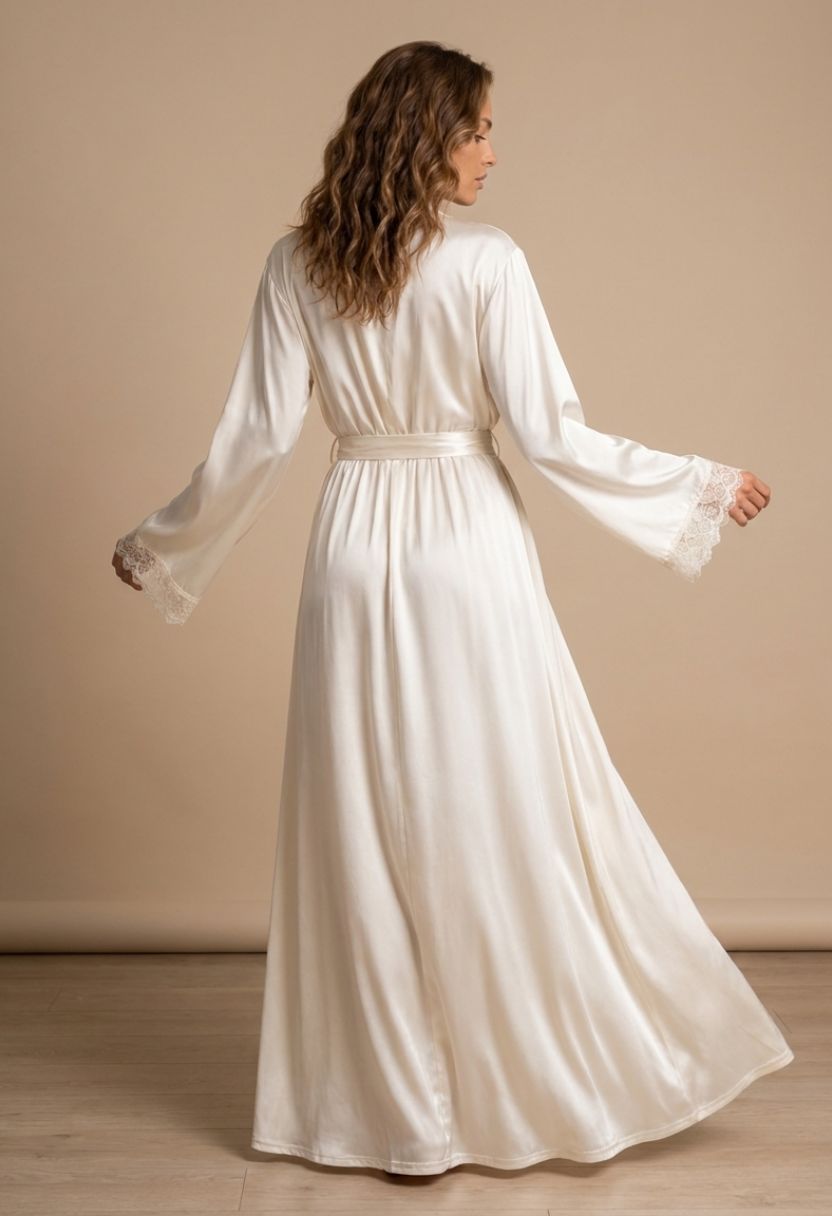 Adeline ivory long satin robe with lace cuffs on model, back view