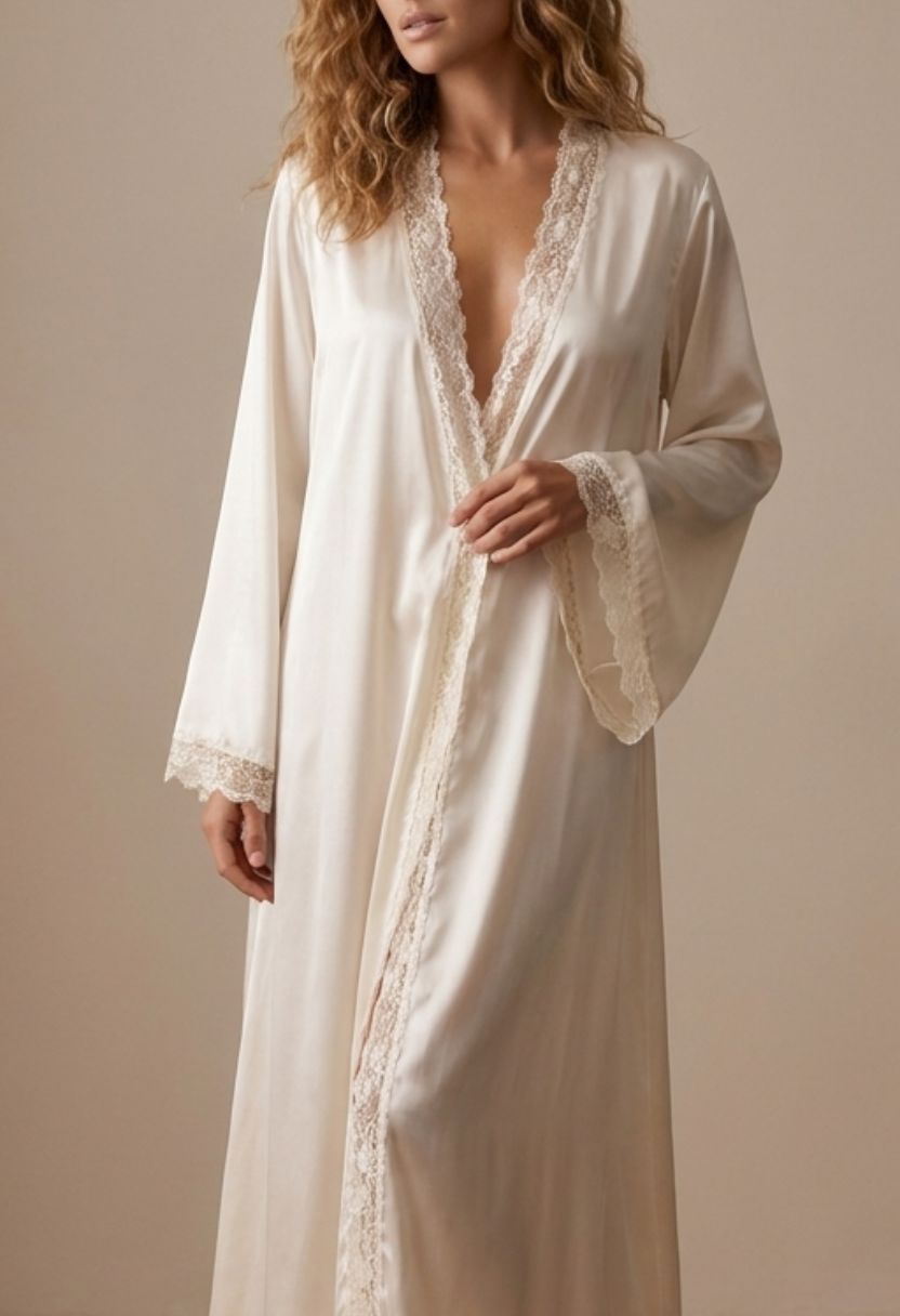 Adeline ivory satin robe with lace-trimmed front edges and cuffs on model, front close-up