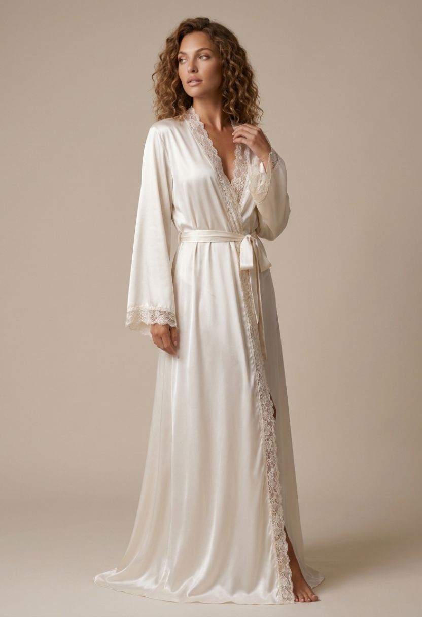Adeline ivory long lace-trim satin robe on model, front view