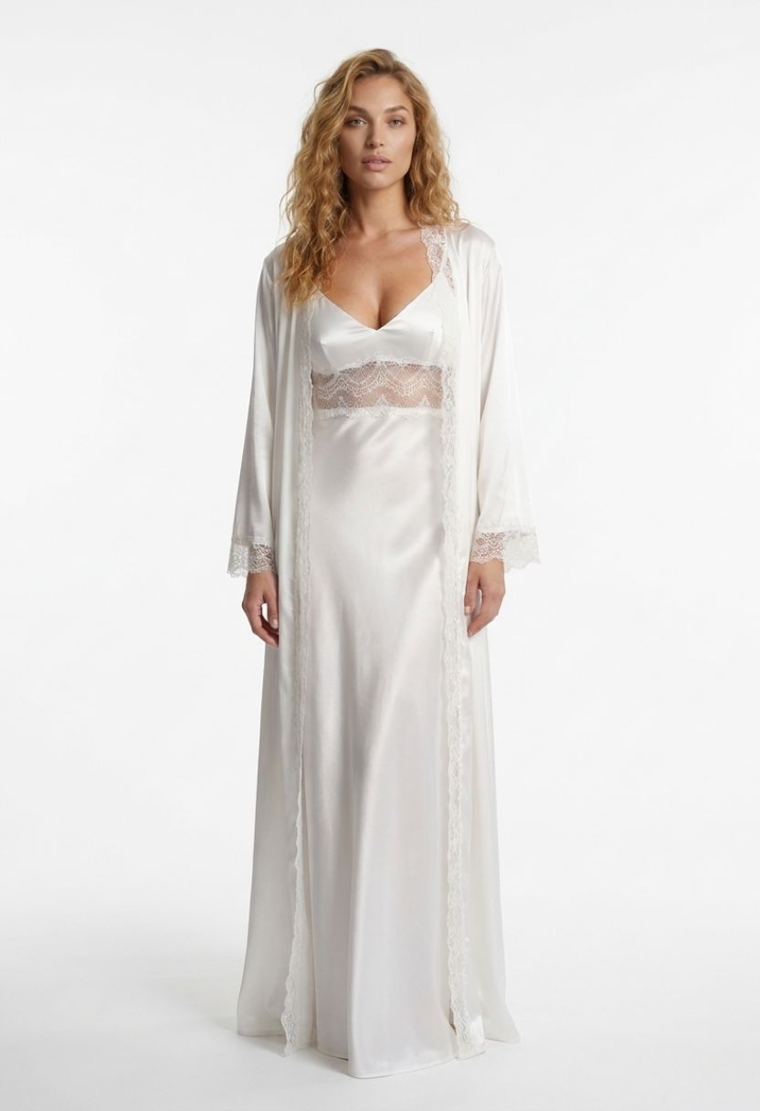 Adeline ivory satin robe with Adeline lace-trim nightgown on model, front view