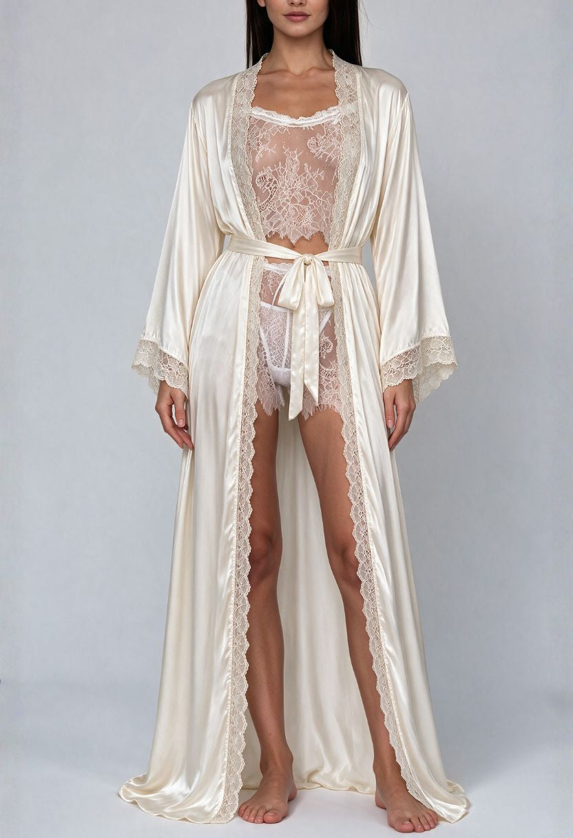 Adeline ivory satin robe with Chiara white sheer lace pajama set on model, front view