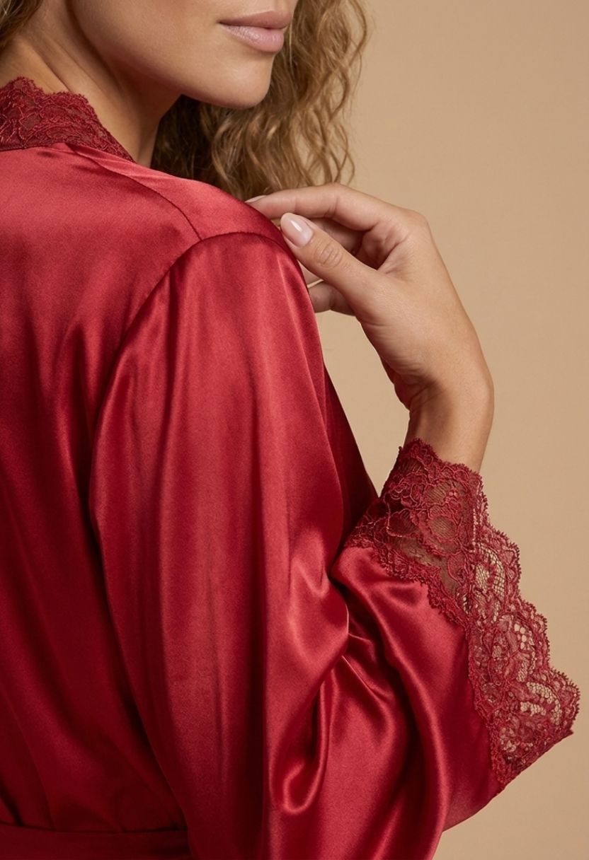 Adeline red satin robe lace-trimmed sleeve cuff close-up