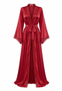 Adeline red long lace-trim satin robe with tie belt, ghost mannequin front view