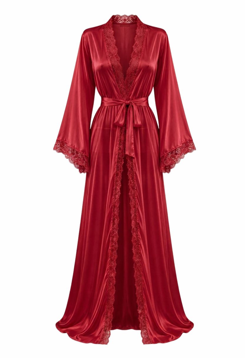 Adeline red long lace-trim satin robe with tie belt, ghost mannequin front view