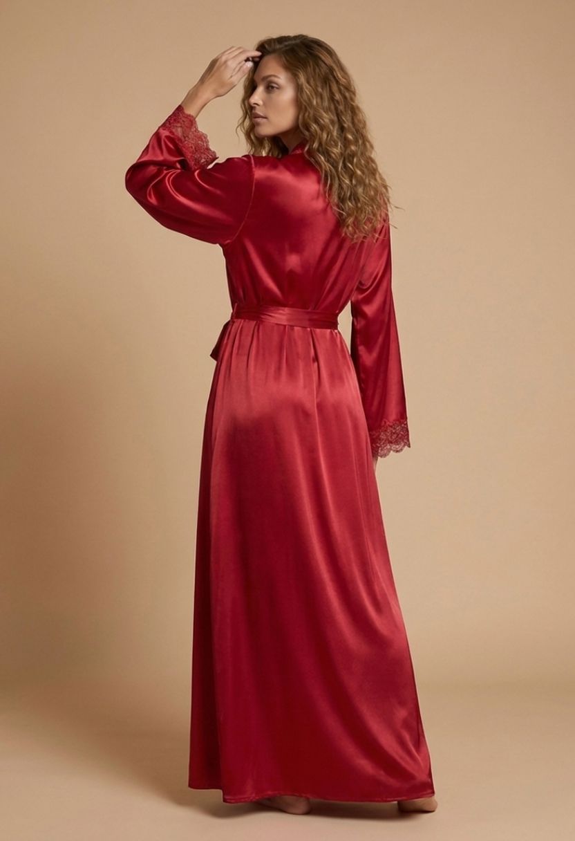 Adeline red long satin robe with lace cuffs on model, back three-quarter view
