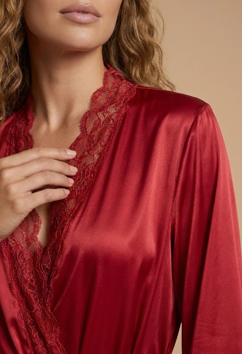 Adeline red satin robe with lace-trimmed neckline on model, front close-up