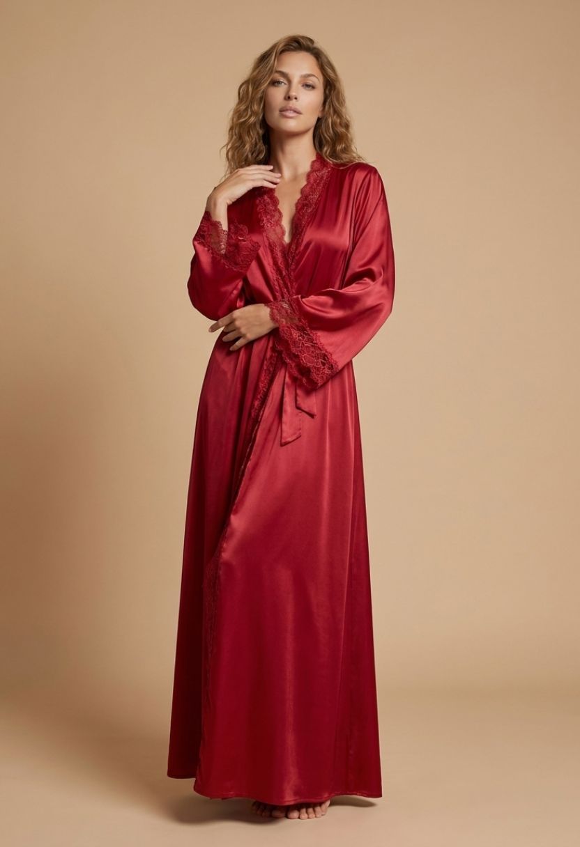 Adeline red long lace-trim satin robe on model, front view