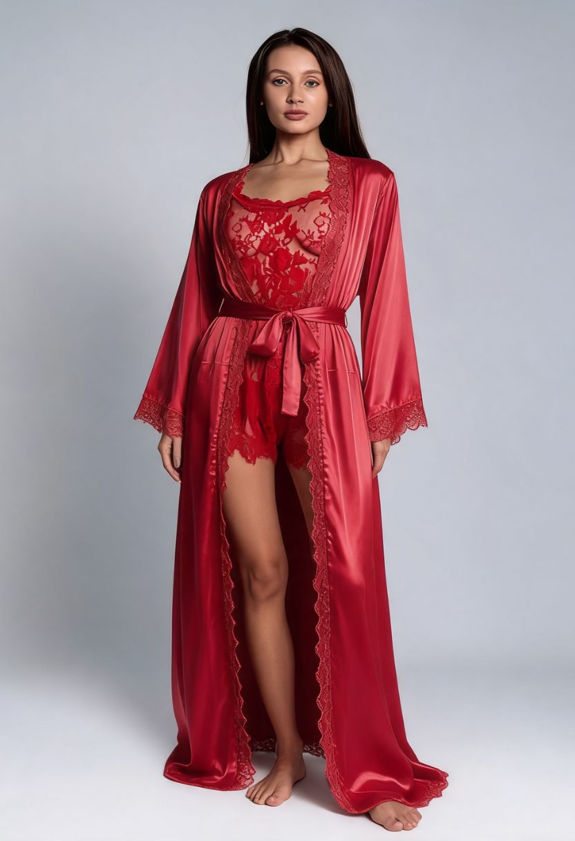 Adeline red satin robe with Chiara sheer lace pajama set on model, front view