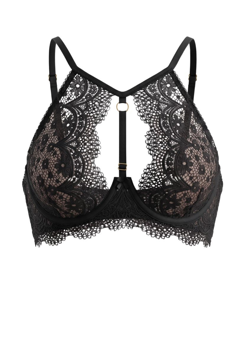 Alma Halter Bra Black flat lay with lace halter neckline