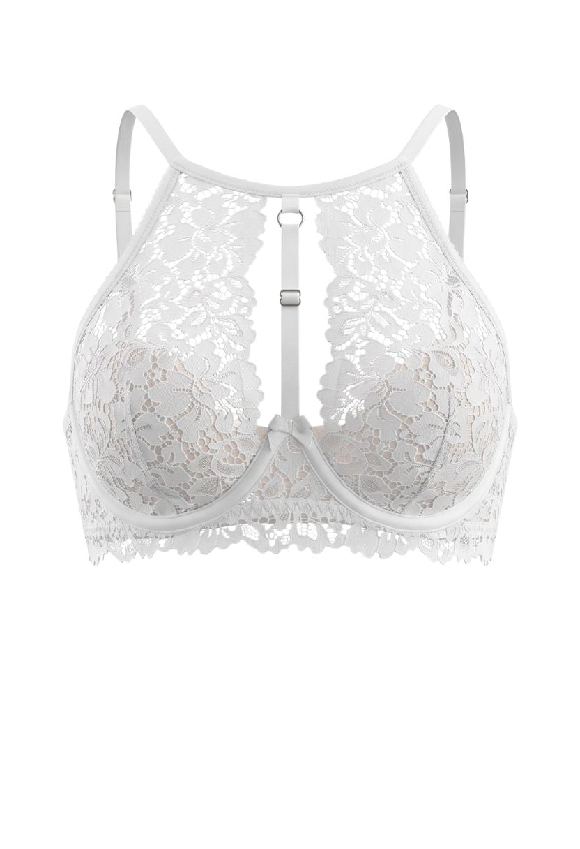 Alma Halter Bra White flat lay with lace halter neckline