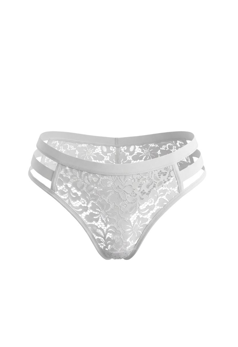 Alma Strappy Brief White flat lay with floral lace and triple side straps