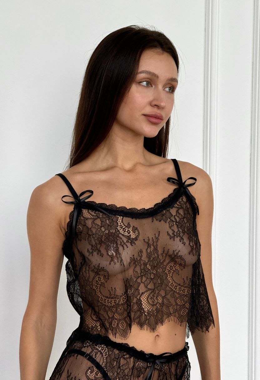 Chiara black sheer floral lace cami with satin bow straps on model, three-quarter view