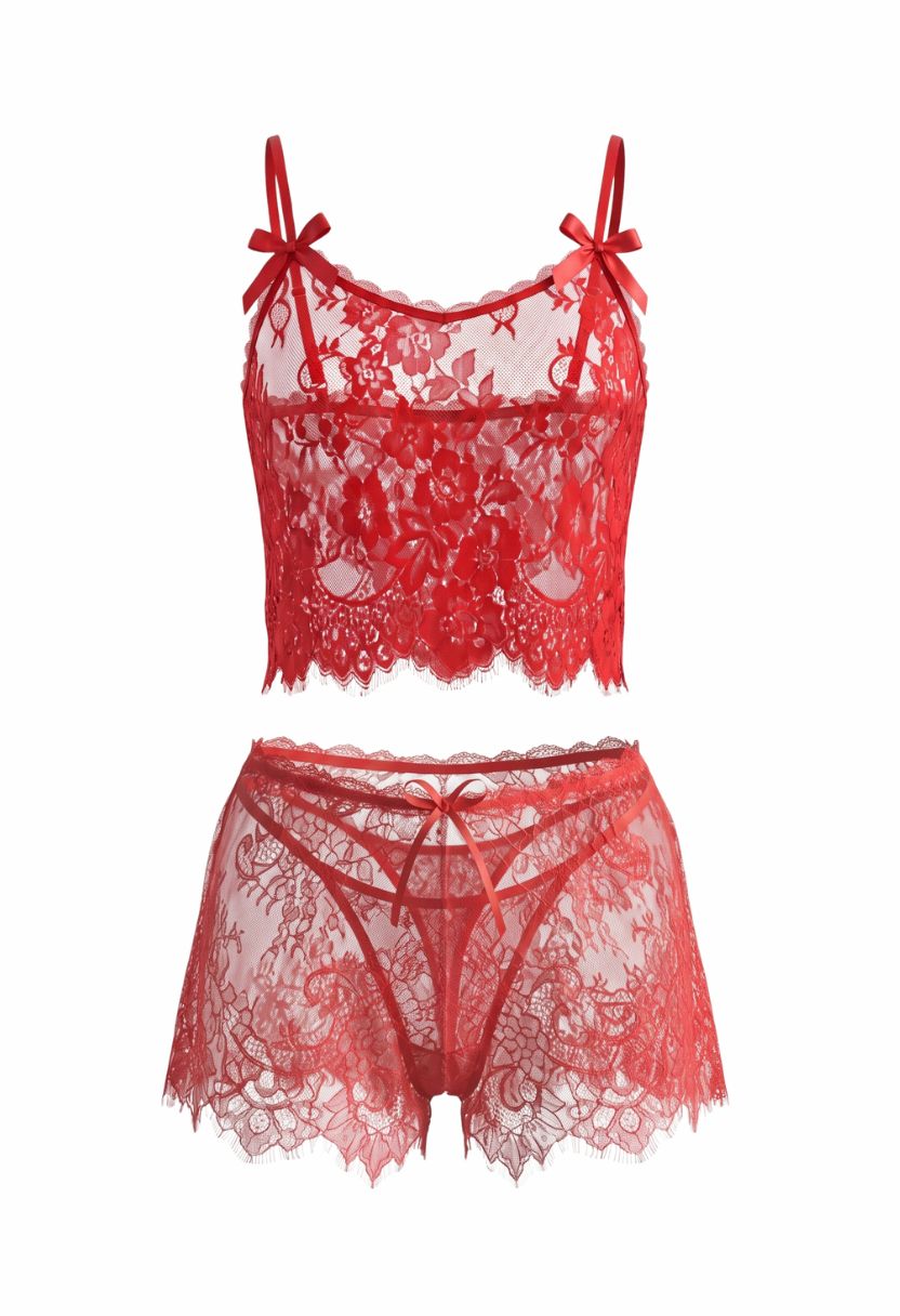 Chiara red sheer lace cami, shorts and thong set, ghost mannequin front view