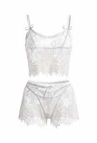 Chiara white sheer lace cami, shorts and thong set, ghost mannequin front view