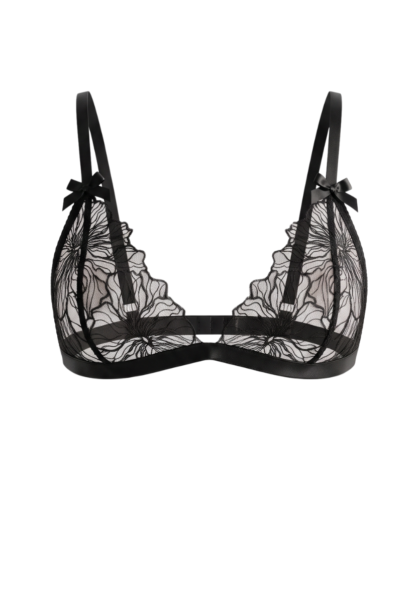 Cleo Bralette Black flat lay with floral lace and satin bow