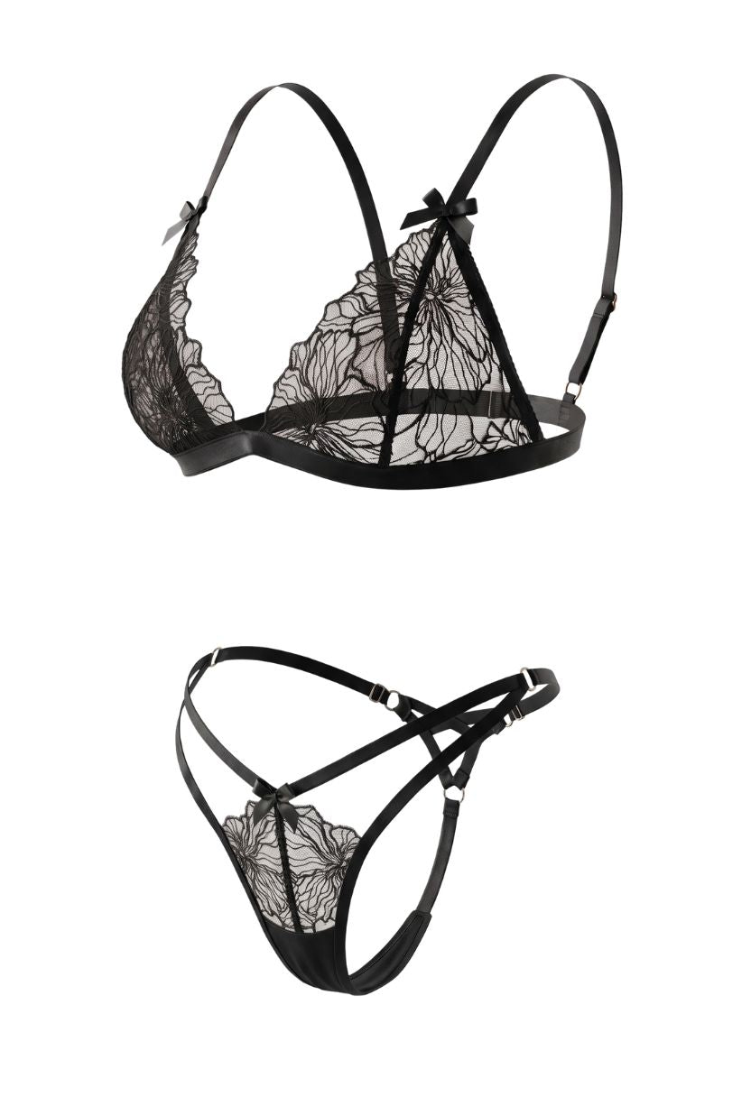Cleo Bralette Set Black flat lay with bralette and V-string