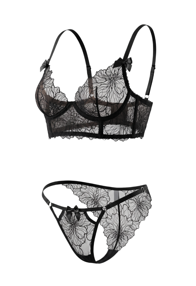 Cleo Underwire Bra Set Black flat lay with bra and bikini