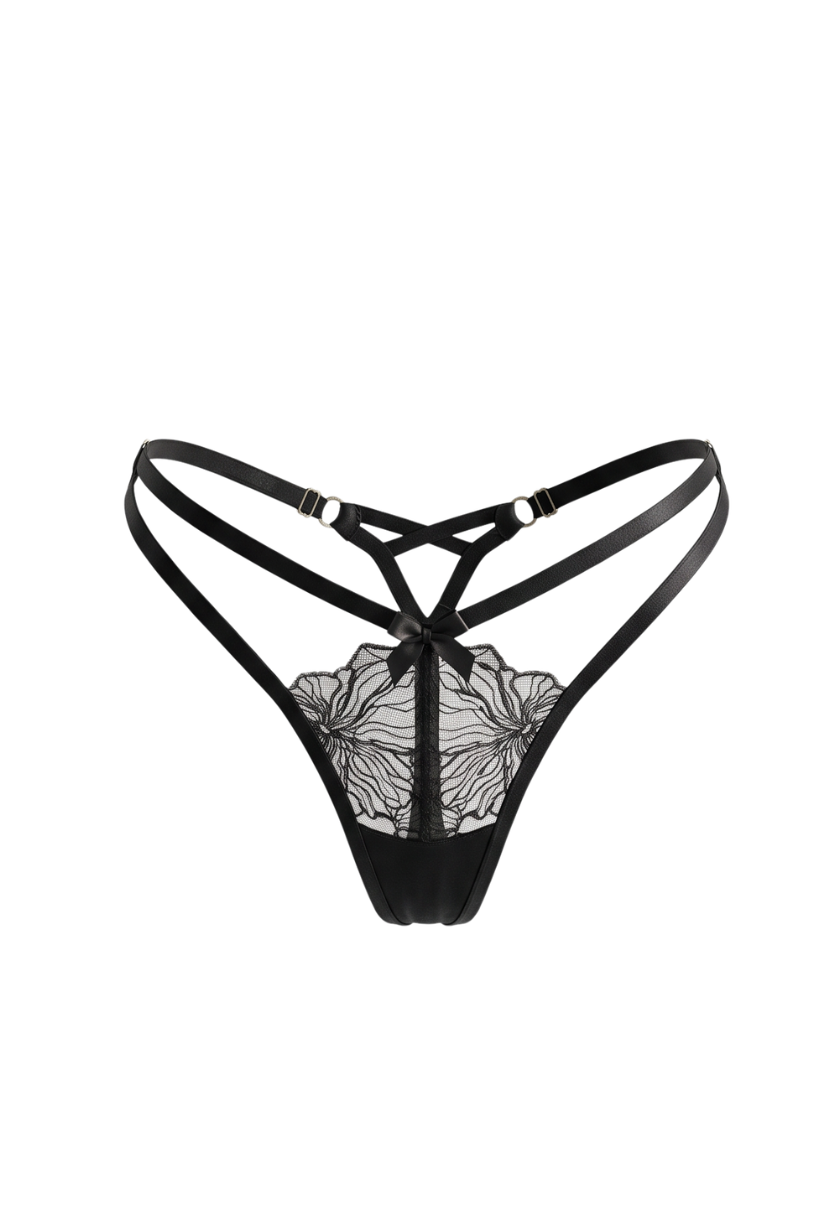 Cleo V-String Black flat lay with floral lace and strappy sides