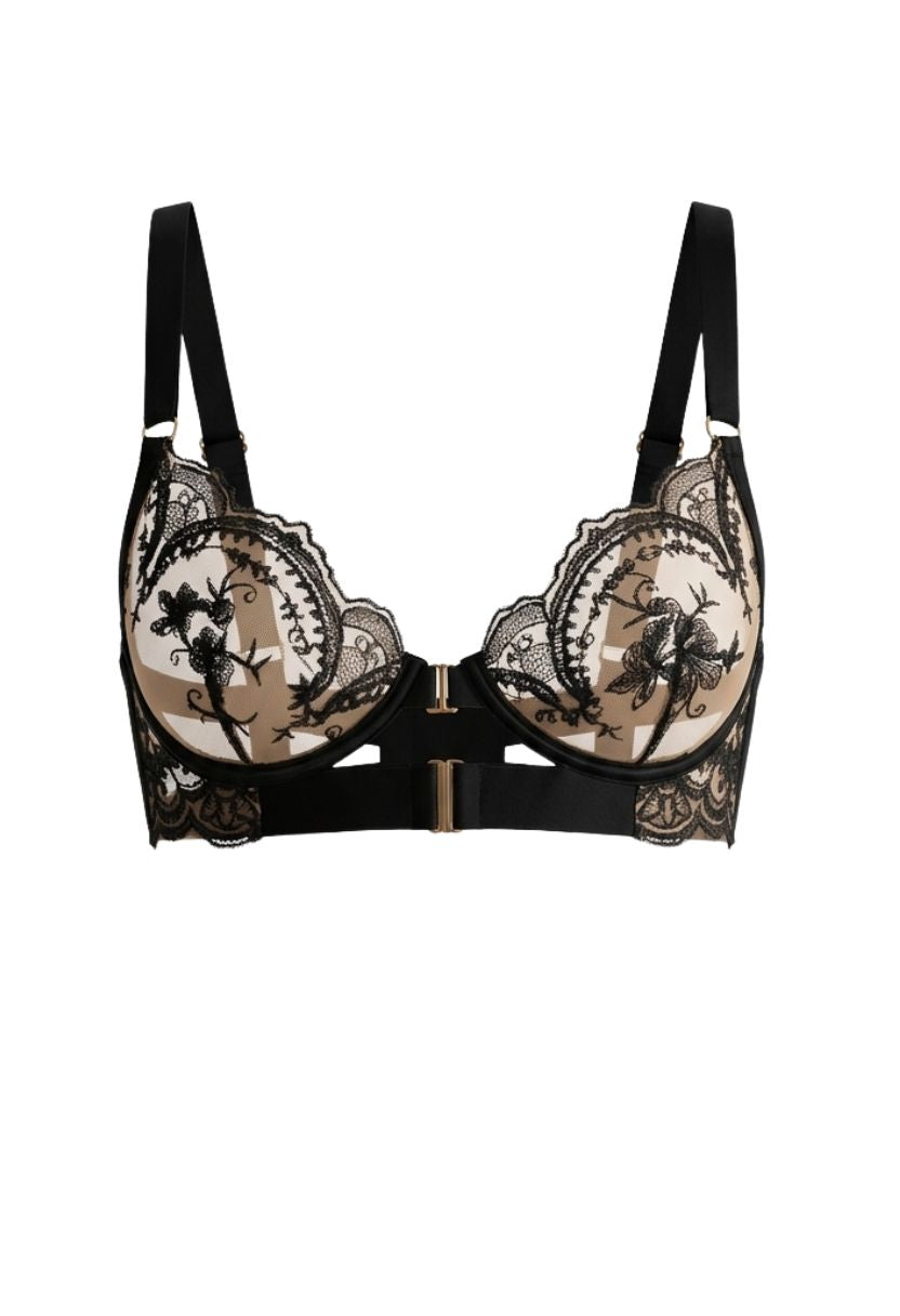 Emilia Underwire Cage Bra Black flat lay with floral embroidery and strap details