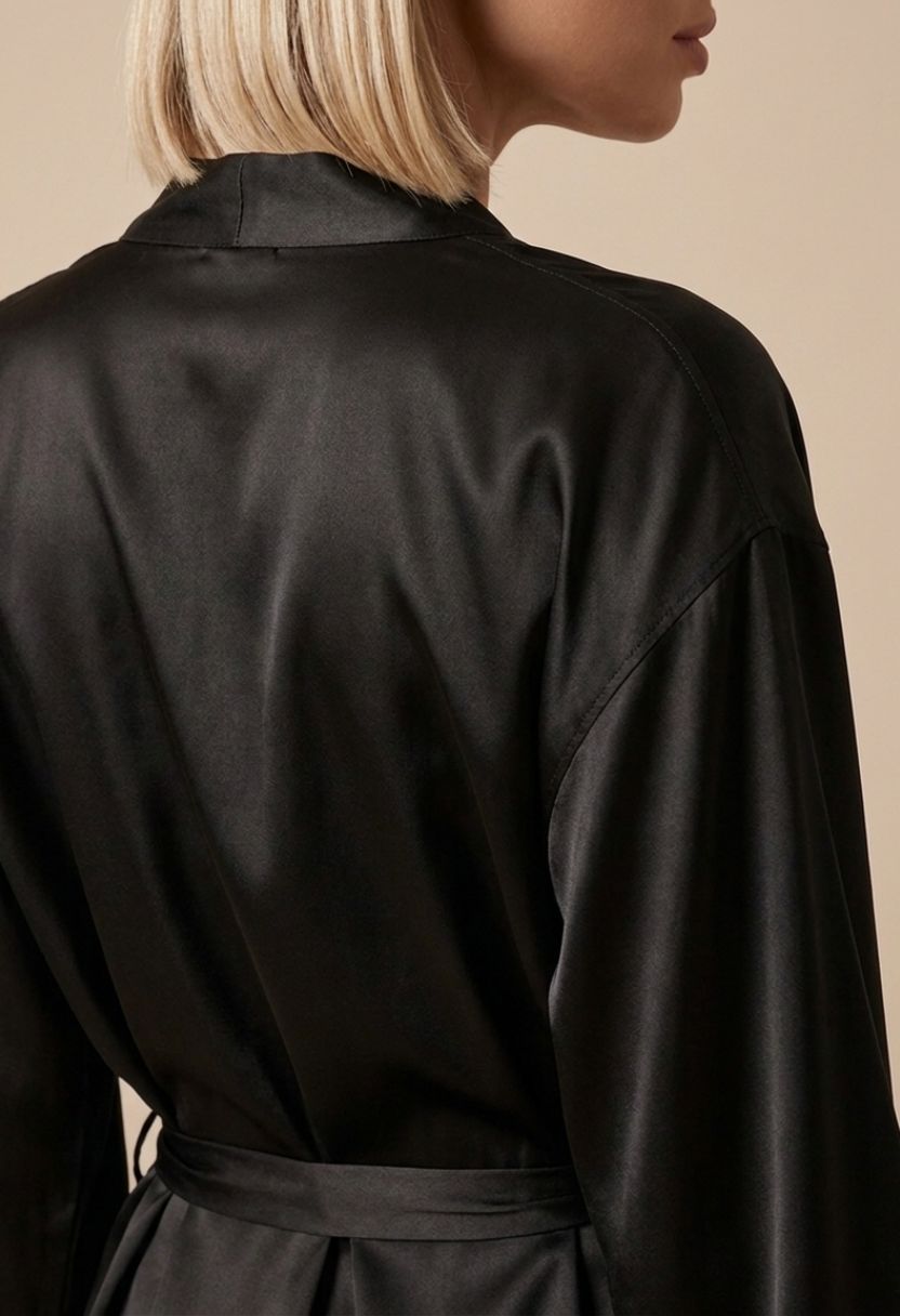 Grace black satin kimono robe shoulder and back close-up