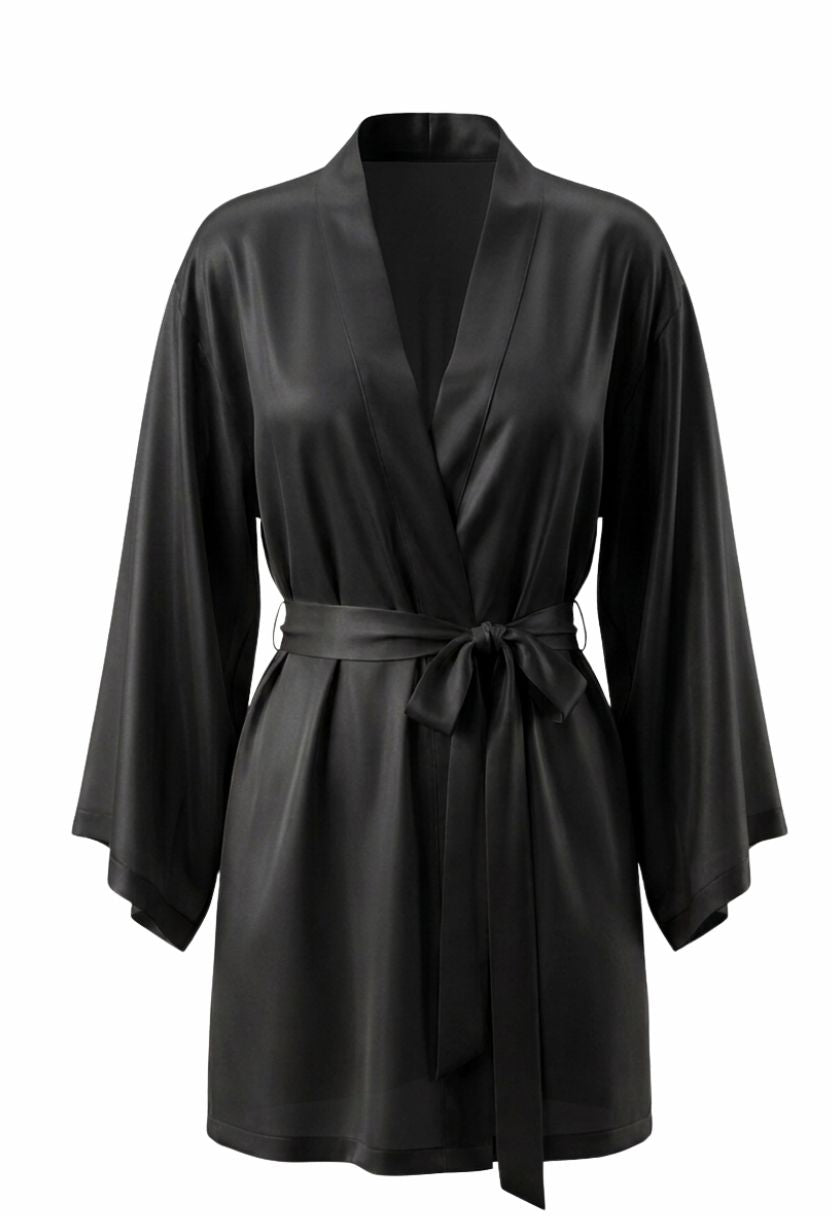 Grace black satin kimono robe with tie belt, ghost mannequin front view