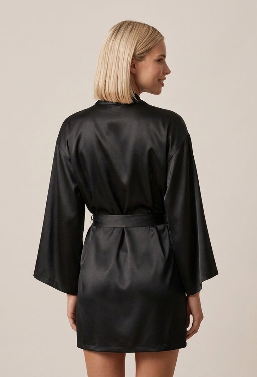 Grace black satin kimono robe with wide sleeves on model, back view