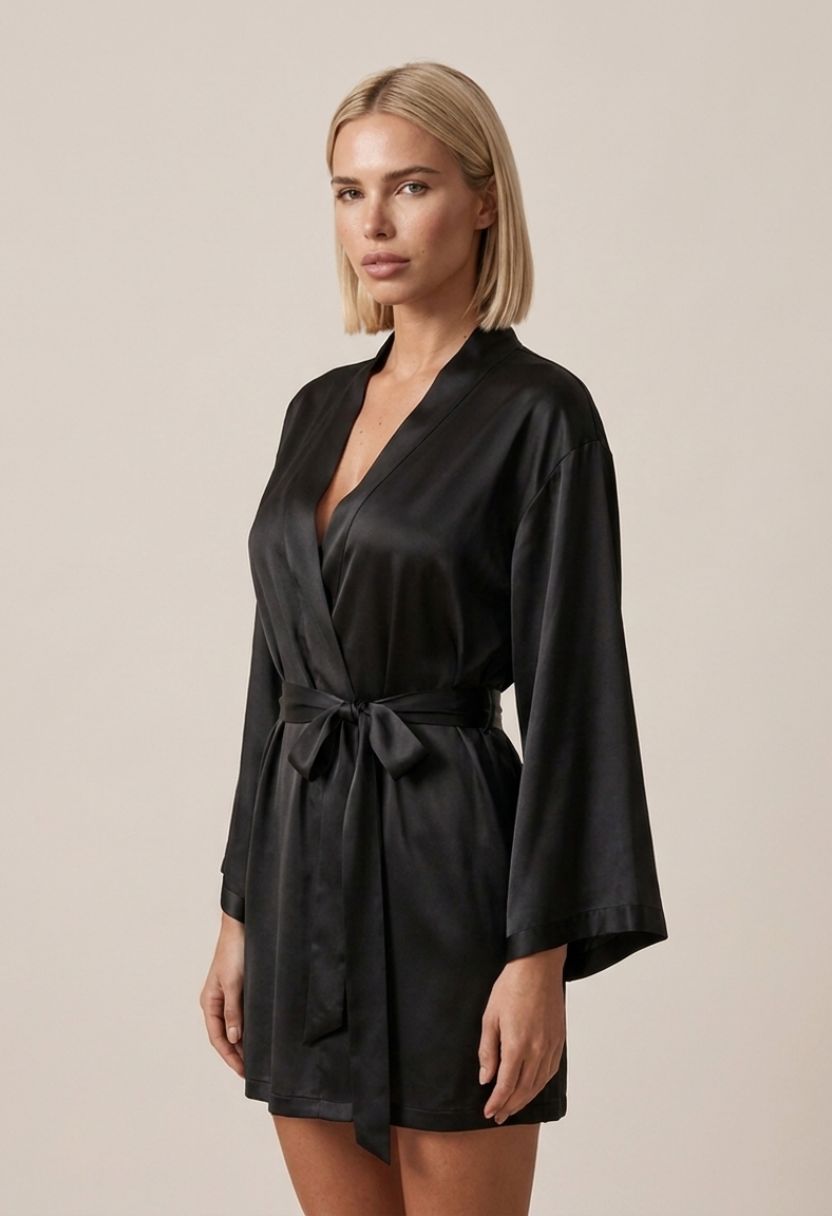Grace black satin kimono robe on model, front view