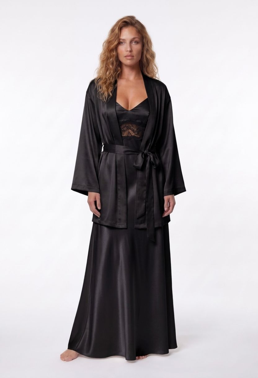 Grace black satin kimono robe with Adeline lace-trim satin nightgown on model, front view