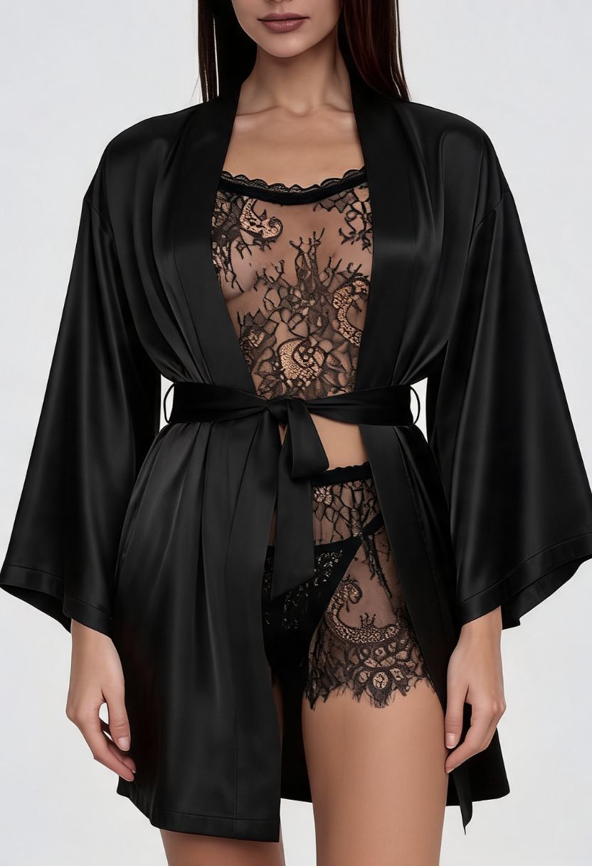 Grace black satin kimono robe with Chiara sheer lace pajama set on model, front view